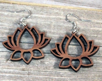 Wooden Earrings / Lotus Flower Dangle Earrings / Bridesmaid Earrings / Lightweight Lotus Flower from Wood / Hypoallergenic Stainless Steel