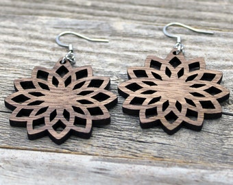 Floral Mandala Wood Earrings, Intricate Hypoallergenic Stainless Steel
