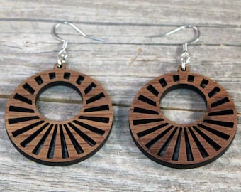 Black Walnut Wood Hoop Earrings, Hypoallergenic Steel Hooks
