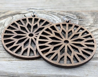 Sunburst Wood Earrings, Lightweight Hoop Earrings with Hypoallergenic Stainless Steel Hooks