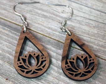 Wooden Lotus Flower Dangle Earrings, Hypoallergenic Stainless Steel