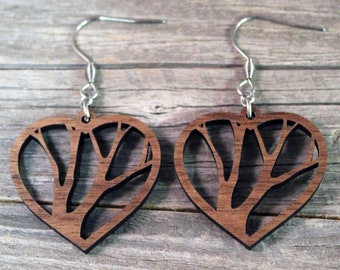 Wooden Heart Tree Earrings, Hypoallergenic Stainless Steel