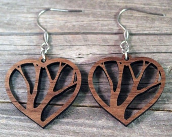 Wooden Heart Earrings / Bridesmaid Earrings / Tree Themed Earrings / Lightweight Hear Earrings from Wood / Hypoallergenic Stainless Steel