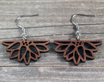 Wooden Sunflower Dangle Earrings with Hypoallergenic Stainless Steel Hooks Crafted from American Black Walnut