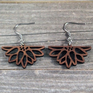 Wooden Sunflower Dangle Earrings with Hypoallergenic Stainless Steel Hooks Crafted from American Black Walnut