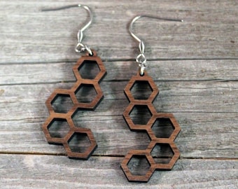 Wooden Honeycomb Dangle Earrings with Hypoallergenic Stainless Steel Hooks Crafted from American Black Walnut