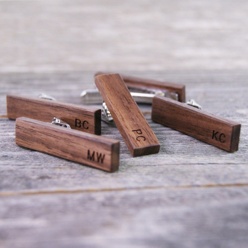 Groomsmen Tie Clip Set / Groomsmen Gift / Rustic Wedding / Wedding Gift / Personalized Gift / American Walnut Wood / Monogrammed image 3