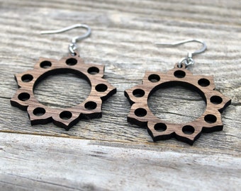 Lightweight Wooden Mandala Earrings / Wood Earrings / Mandala from Wood / Hypoallergenic / American Black Walnut