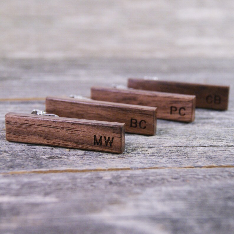 Groomsmen Tie Clip Set / Groomsmen Gift / Rustic Wedding / Wedding Gift / Personalized Gift / American Walnut Wood / Monogrammed image 1