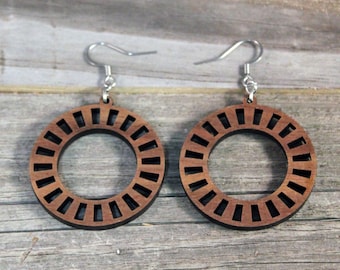 American Black Walnut Hoop Earrings, Hypoallergenic Stainless Steel