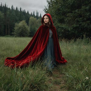 Red Velvet Hooded Cape with Tale Perfect for Weddings, Cosplay & Fairytales