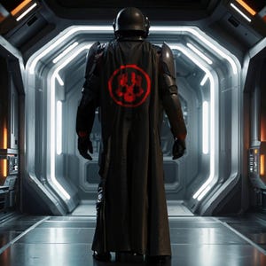May include: A person wearing a black and silver suit of armour with a black cape. The cape has a red symbol on the back. The person is standing in a futuristic hallway.