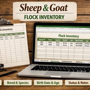 May include: A laptop displaying a digital Flock Inventory spreadsheet alongside a physical clipboard with a matching paper form. The screen shows columns for Animal ID, Name, Species, Breed, Sex, Birth Date, Age, and Notes. Black glasses and a pen sit nearby.