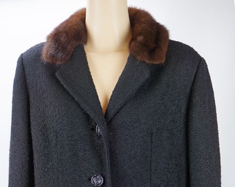1960s Vintage Jacket Black Boucle Wool with Small Mink Collar by Betty Rose B42