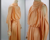 Vtg Cold Shoulder Dress, Tangerine Party Dress, 70s Disco Dress, B40
