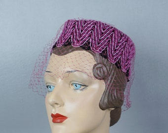 60s Hot Pink Veiled Pillbox Hat