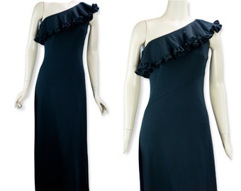 70s Black One Shoulder Ruffle Neck Evening Formal Gown by Up-Beat, Sz 9/10
