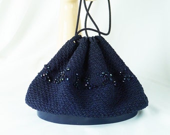 50s Vintage Drawstring Navy Blue Handbag