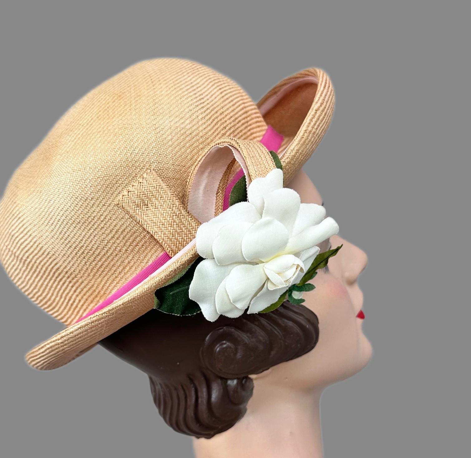 Vintage 80s Natural Curled Brim Straw Hat With Flower by  display picture 2
