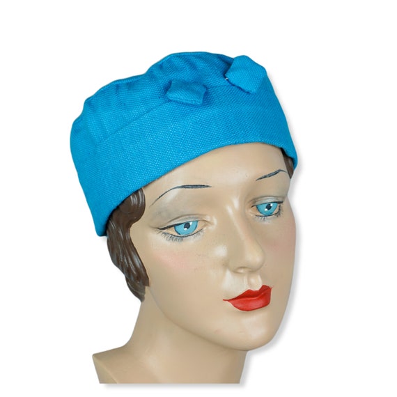 Vtg Blue Linen Handmade Cap Hat with Matching Hat… - image 1