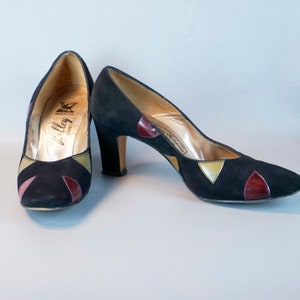 Vintage 1960s High Heels, Black Suede With Needlepoint