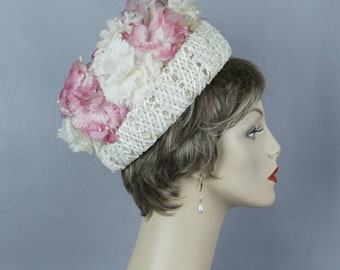 60s Pink and White Flowered Deep Crown Pillbox Hat by Dana Marte VFG