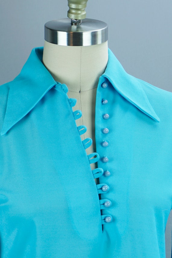 Vintage Blouse, 70s Teal Blouse, Long Sleeve Blous