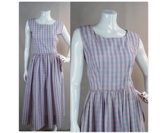 50s Pink and Blue Plaid Cotton Full Skirt Sundress Deadstock, B38