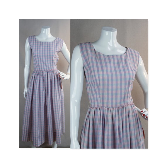 50s Pink and Blue Plaid Cotton Full Skirt Sundres… - image 1