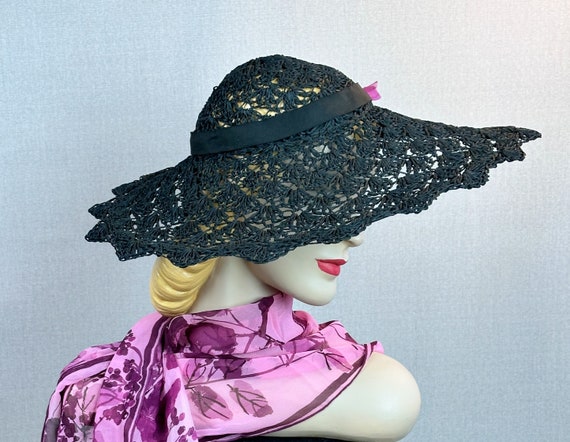 Vintage 1930s Black Straw Novelty Braid Wide Brim… - image 7