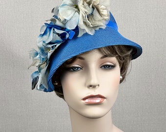 Vintage 60s Sky Blue Straw Asymmetrical Cloche Style Hat with Silk Florals
