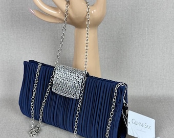 Vintage Gunne Sax Deadstock Navy Blue Plissee Satin Abendtasche, Clutch oder Griff