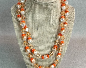 Vintage 50s Tangerine, Cream and Peach Double Strand Beaded Necklace