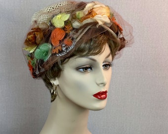 60s Beige Mesh Flowered Bonnet by Gigi, Sz 21.5