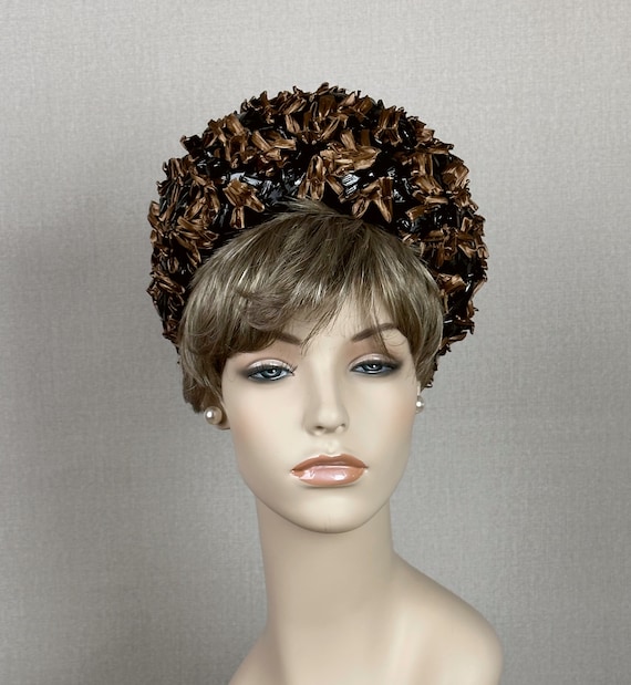 60s Bronze Raffia Straw Deep Crown Pillbox Hat by… - image 2