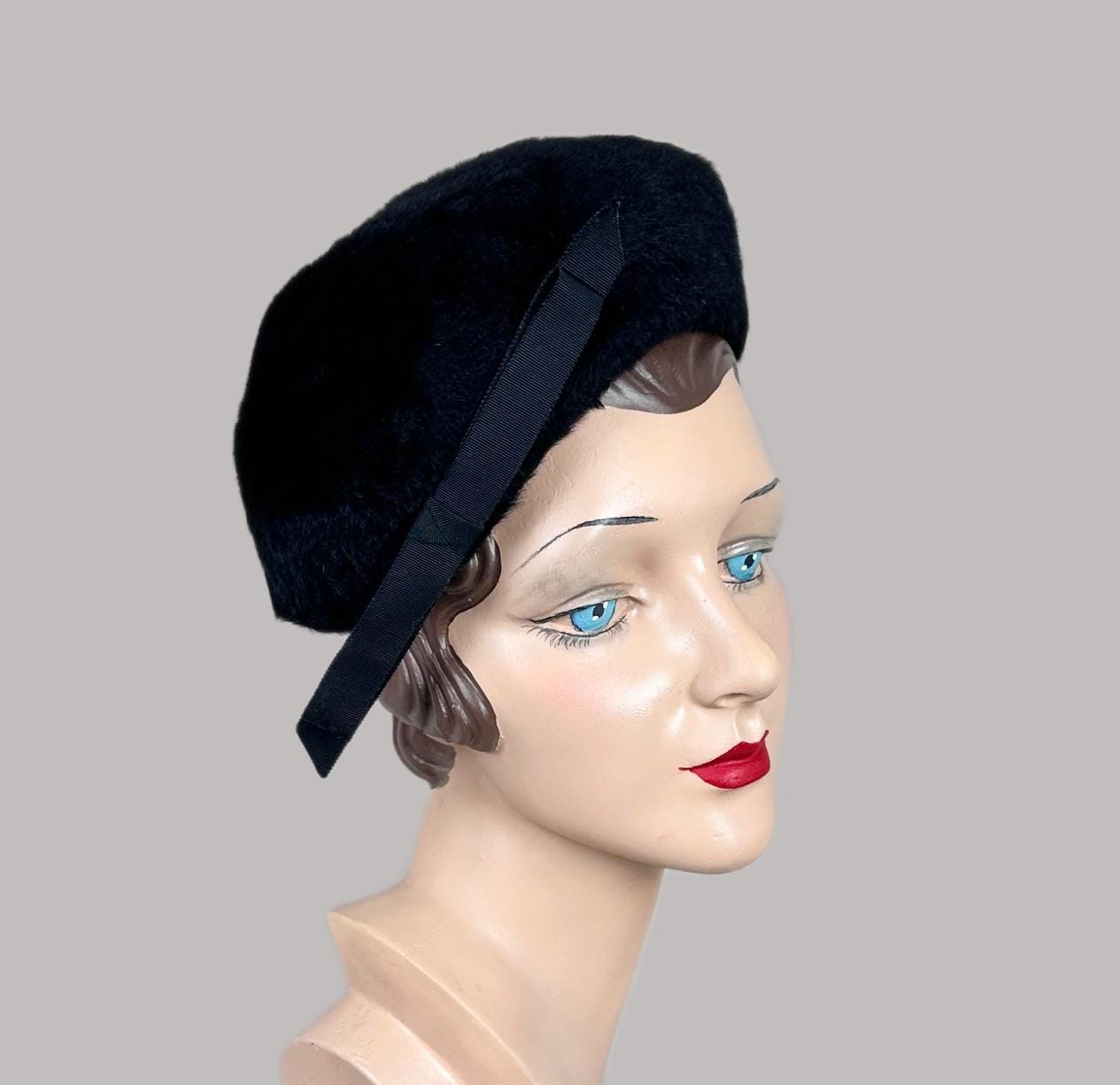 Vintage Mid Century Marche Exclusive beret cap hat black fuzzy warm size 23 Winter hat alternatives to berets in France main image 3