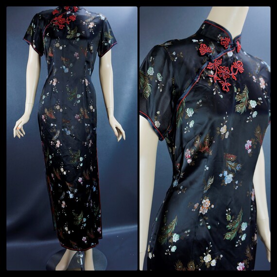 Vintage Cheongsam, Black Satin Rayon Embroidered,