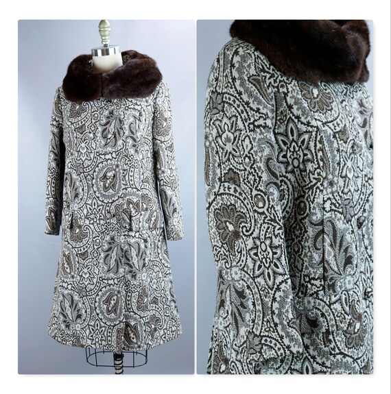 Vintage Coat, MOD Tapestry Coat, Mink Collar, Mono
