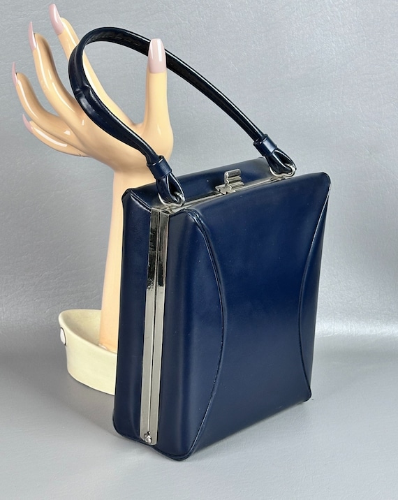 Vintage 50s Navy Blue Box Handbag - Purse - image 8
