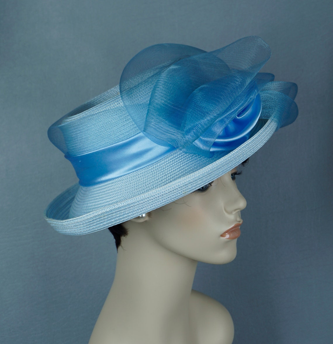 Blue Straw Hat Curled Brim Straw Hat Straw Statement Hat Etsy