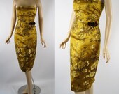 Vintage 1990s Gold Brocade Strapless Cocktail Dress by David Meister Sz 6 B36 W28