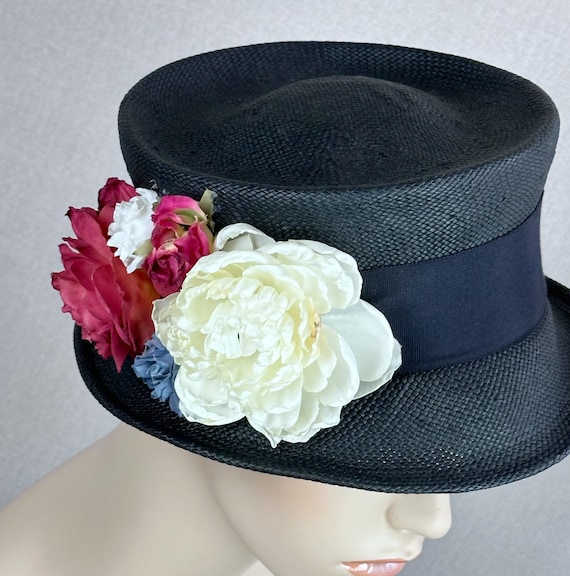 Vintage Black Straw Floral Top Hat Style - Etsy display picture 2