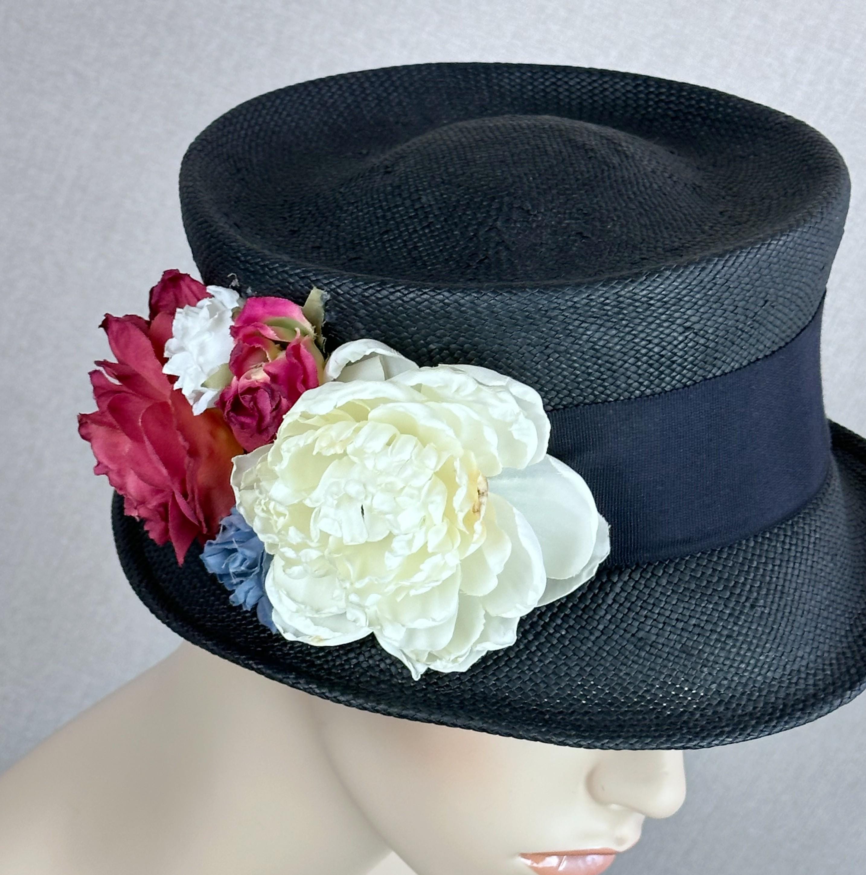 VTG 1940s Black Straw Asymmetrical Chimney Hat with Floral Spray OS Vintage 40s Floral Hat - Etsy main image 3