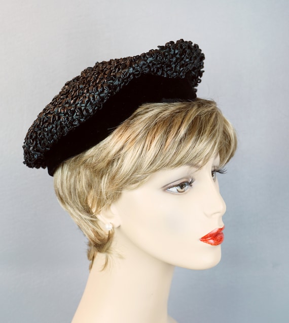 50s Black Cello Straw Banded Beret Hat by Trebor