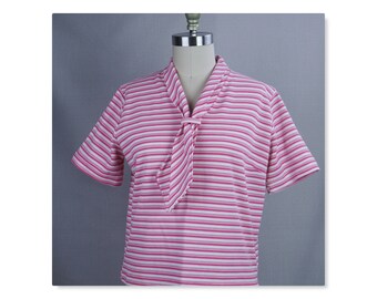 60s Pink and White Striped Knit Shirt by Dutchmaid, Sz 40