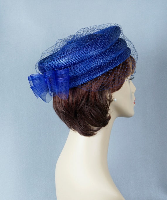 Royal Blue Pillbox Hat, Veiled Pillbox, Stacked St