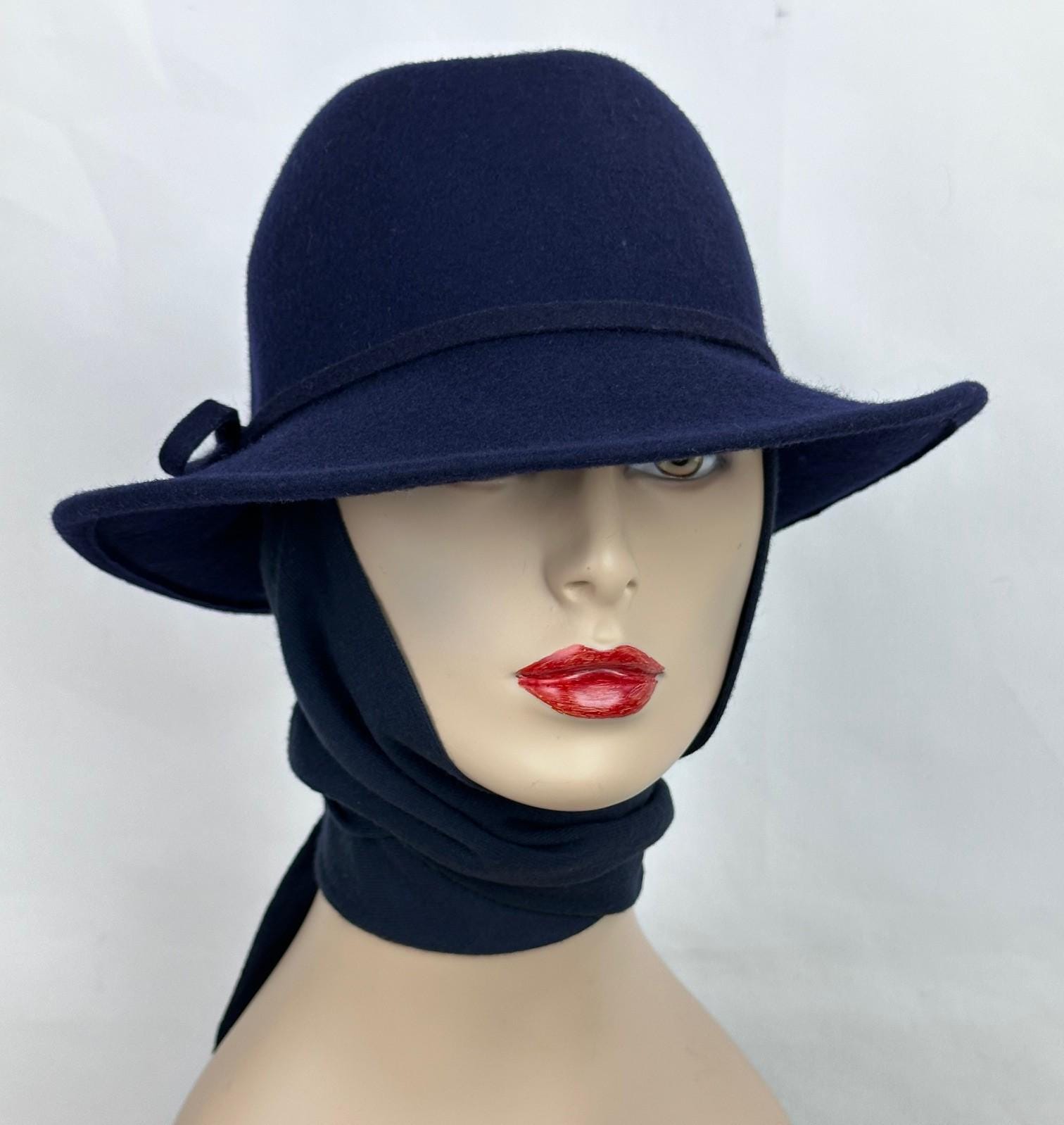 Vintage 90s Navy Blue Scarf Hat Fedora, Wide Brim Western  display picture 1
