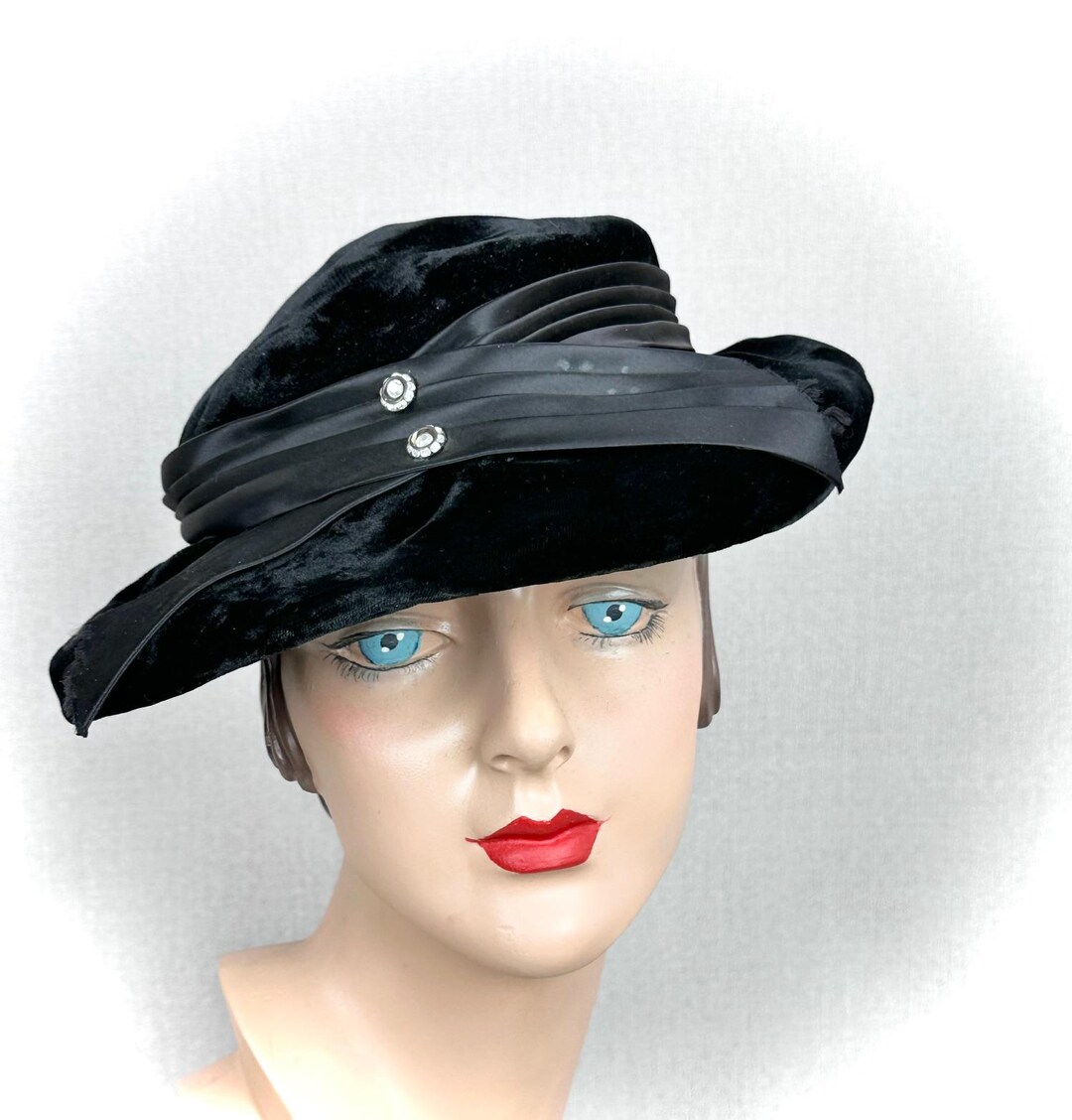Top Hat Black Crushed Velvet Wide Brim