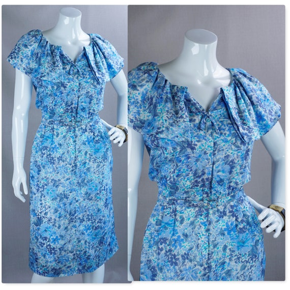 50s Blue Floral Zip Front Dress by Roseweb, B38 W… - image 1