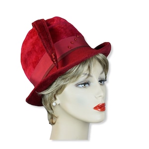 70s Ruby Red Faux Fur Bellini Deep Crown Fedora, Sz 21